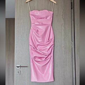Alex Perry Pink Strapless Ruched Satin Midi Dress